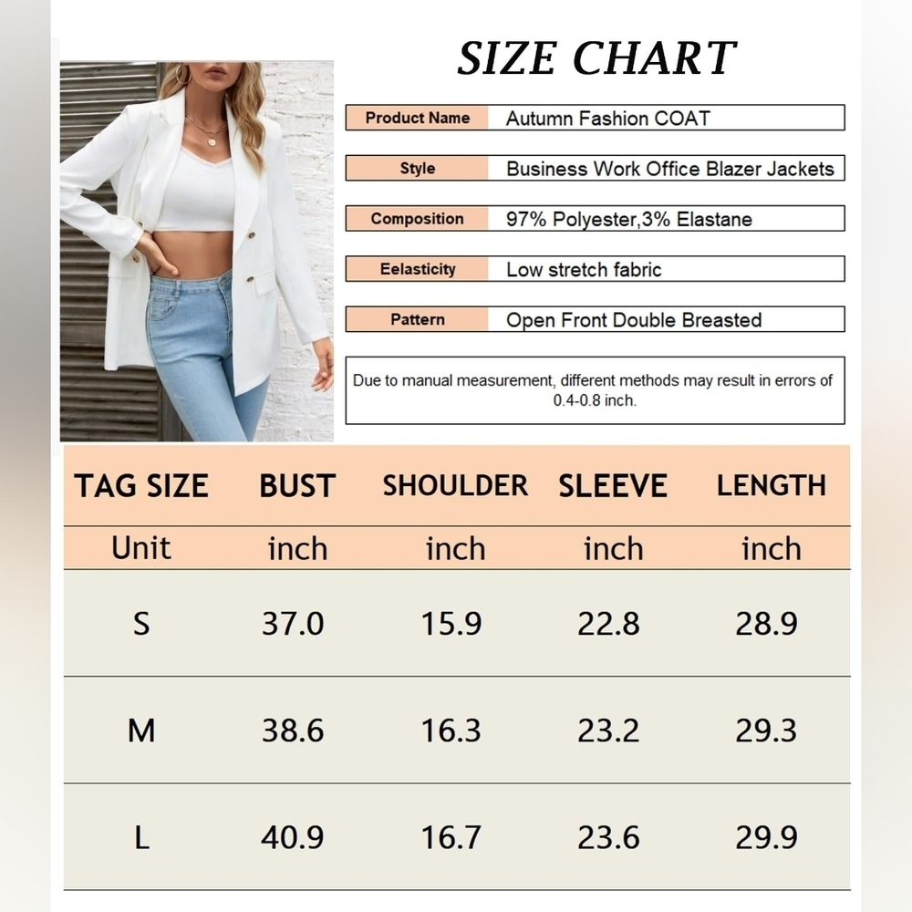 Women's Long Sleeve Blazers Lapel Neck Open Front Double Breasted Suit Business - Picture 6 of 6